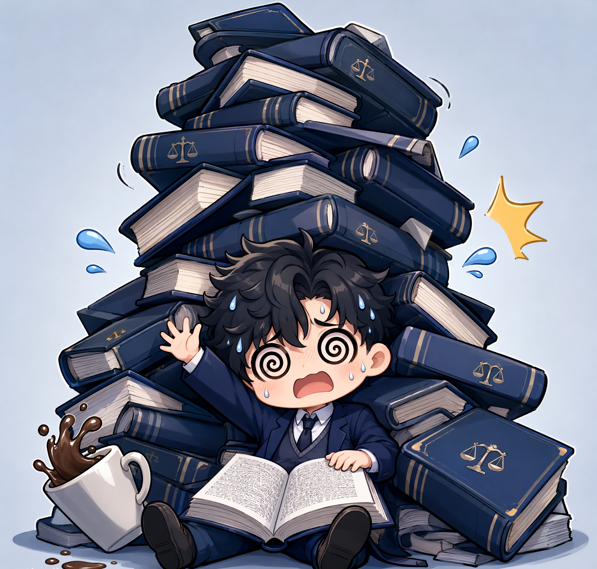 Estudante chibi soterrado por uma torre de livros de Direito