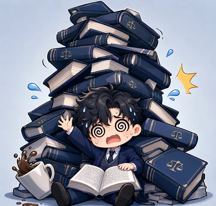 Estudante chibi soterrado por uma torre de livros de Direito