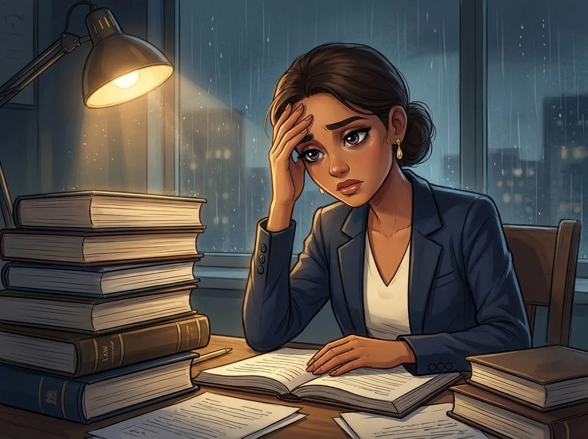 Ilustração de estudante de Direito exausta à noite, soterrada por livros, sob a luz de uma luminária