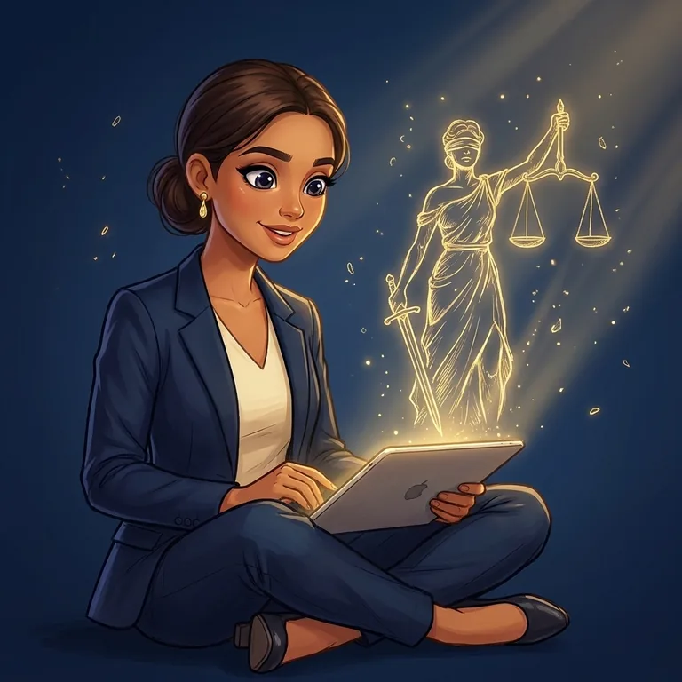 Estudante assistindo no tablet a uma cena dourada da Justiça desenhada que ganha vida