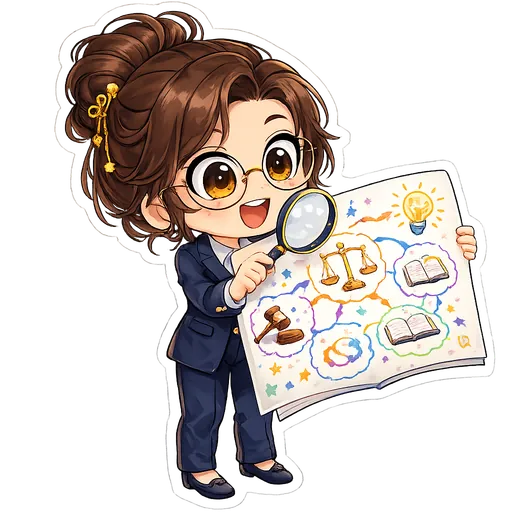 Aluna chibi revisando um mapa mental colorido com uma lupa