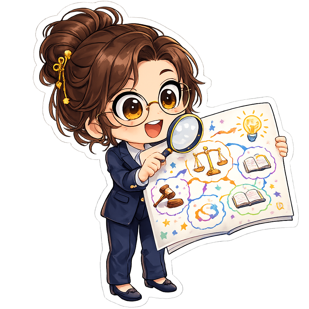 Aluna chibi revisando um mapa mental colorido com uma lupa