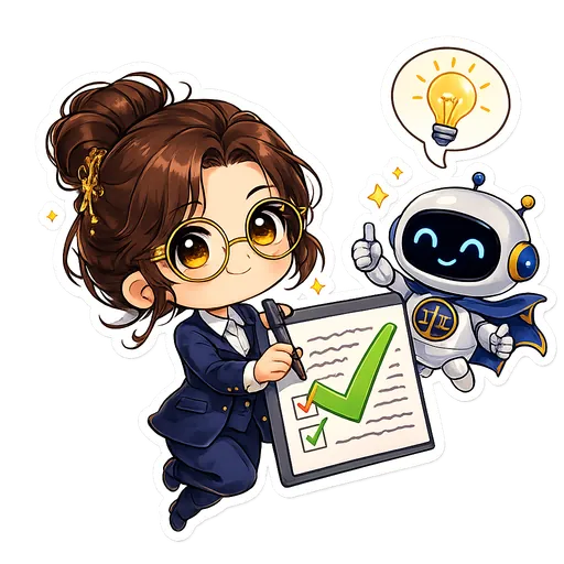 Aluna chibi marcando um acerto com o robô do Marco IA ao lado
