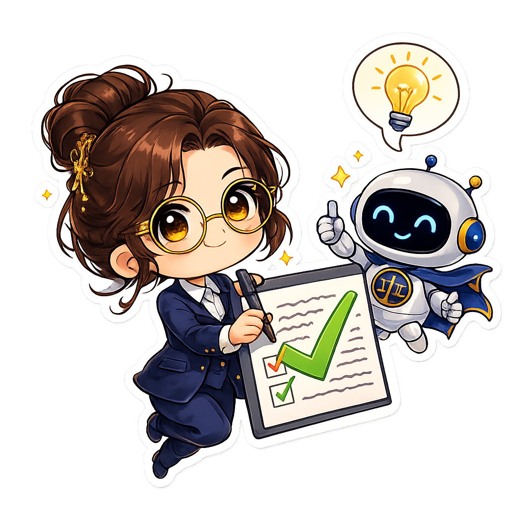 Aluna chibi marcando um acerto com o robô do Marco IA ao lado