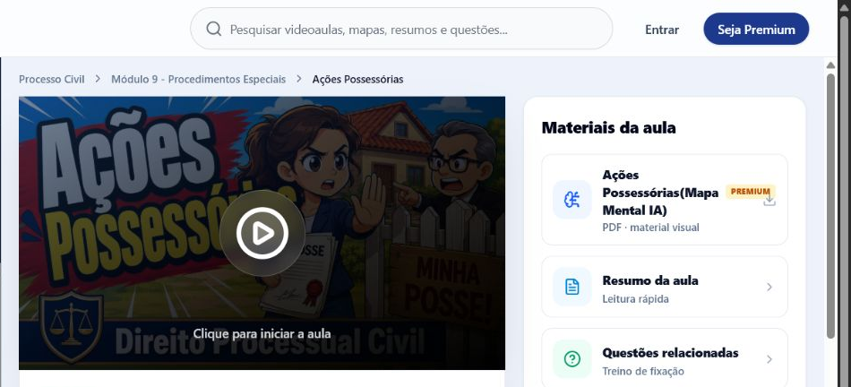 Tela real do player de videoaula do Direito Desenhado