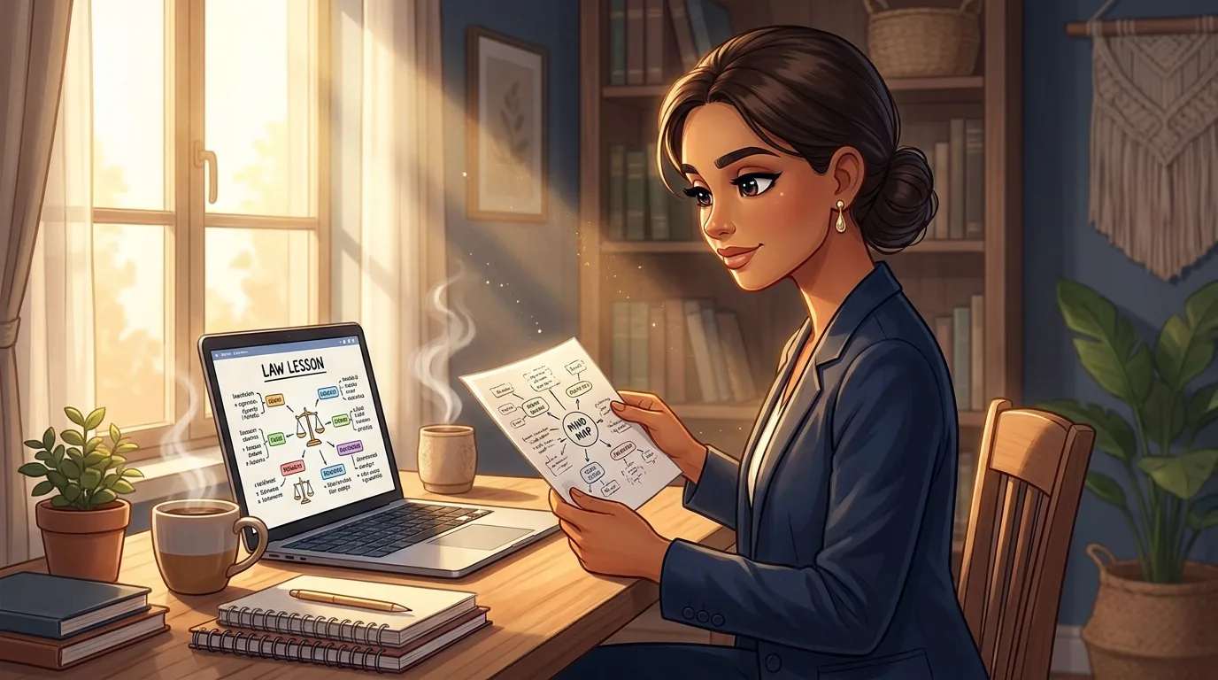 Estudante em um domingo de manhã ao lado do notebook com aula desenhada, segurando um mapa mental impresso