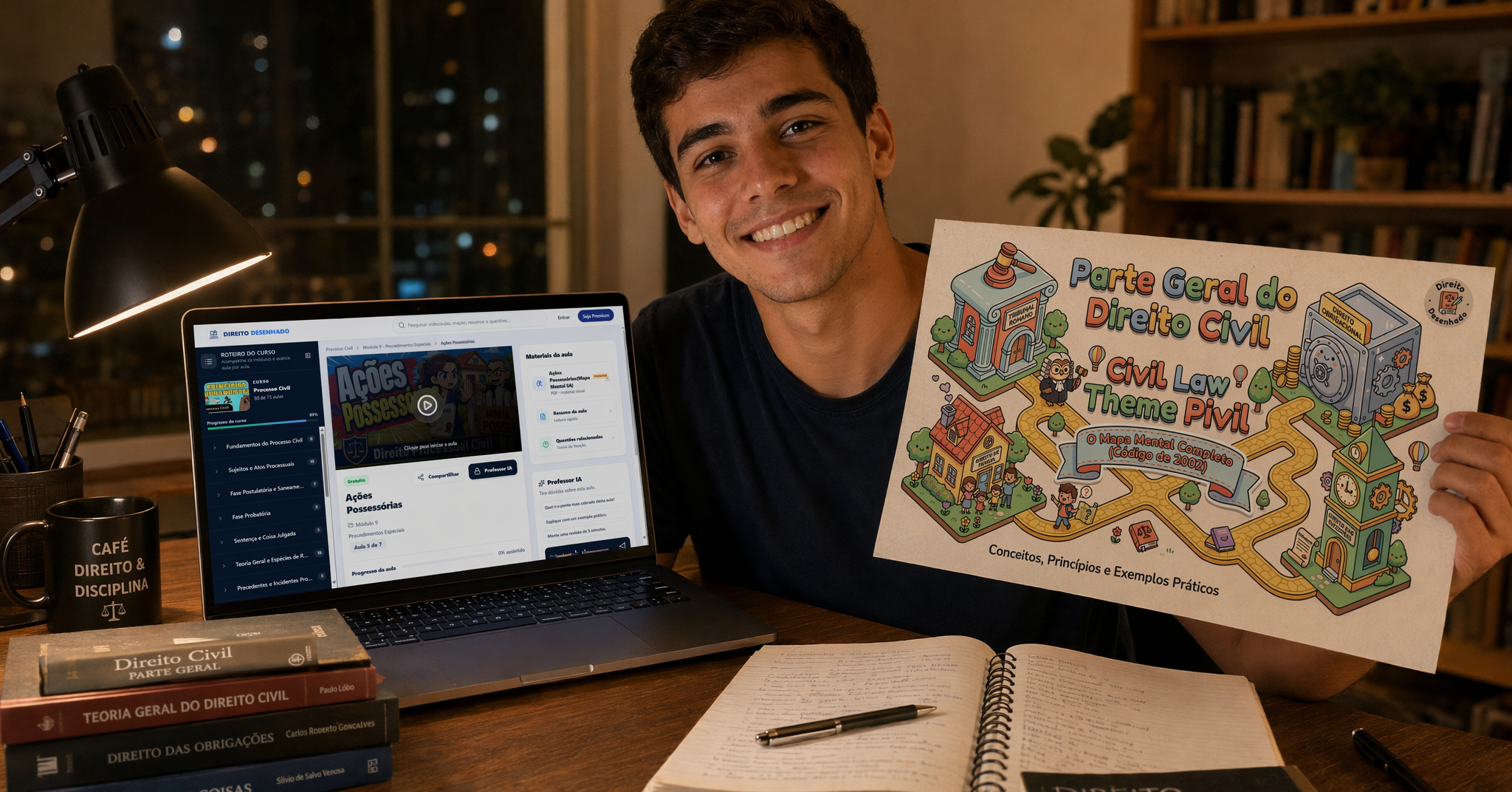 Estudante sorrindo ao lado do notebook com a plataforma Direito Desenhado aberta, segurando um mapa mental impresso