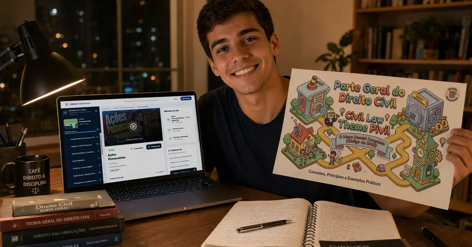 Estudante sorrindo ao lado do notebook com a plataforma Direito Desenhado aberta, segurando um mapa mental impresso