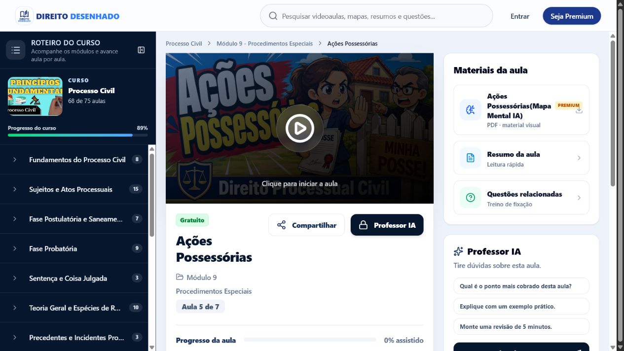 Tela real do player de videoaula do Direito Desenhado