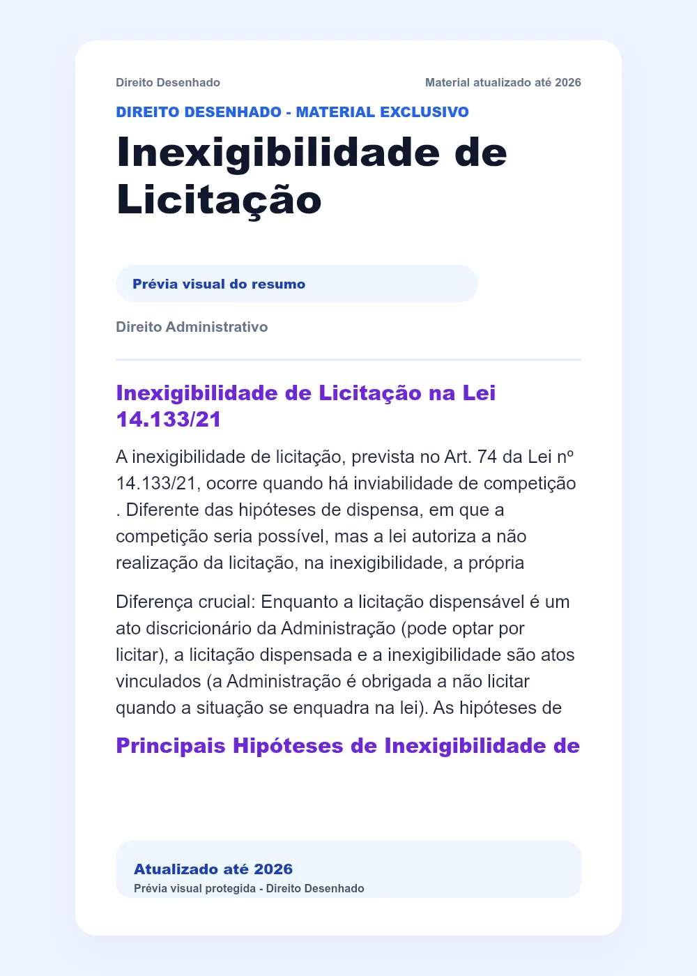 Resumos de Direito Administrativo: Inexigibilidade de Licitação