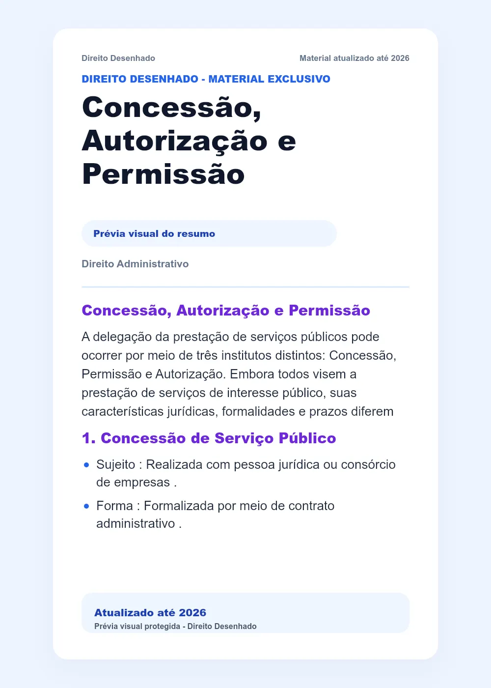 Resumos de Direito Administrativo: Concessão, Autorização e Permissão