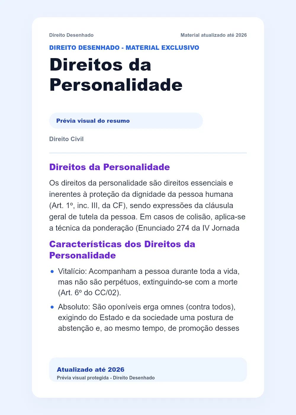 Resumos de Direito Civil: Direitos da Personalidade