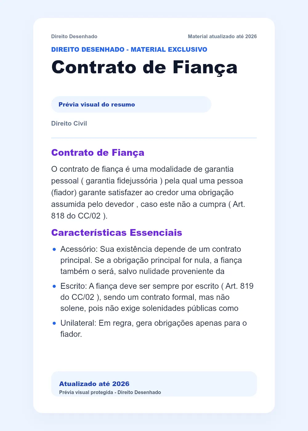 Resumos de Direito Civil: Contrato de Fiança