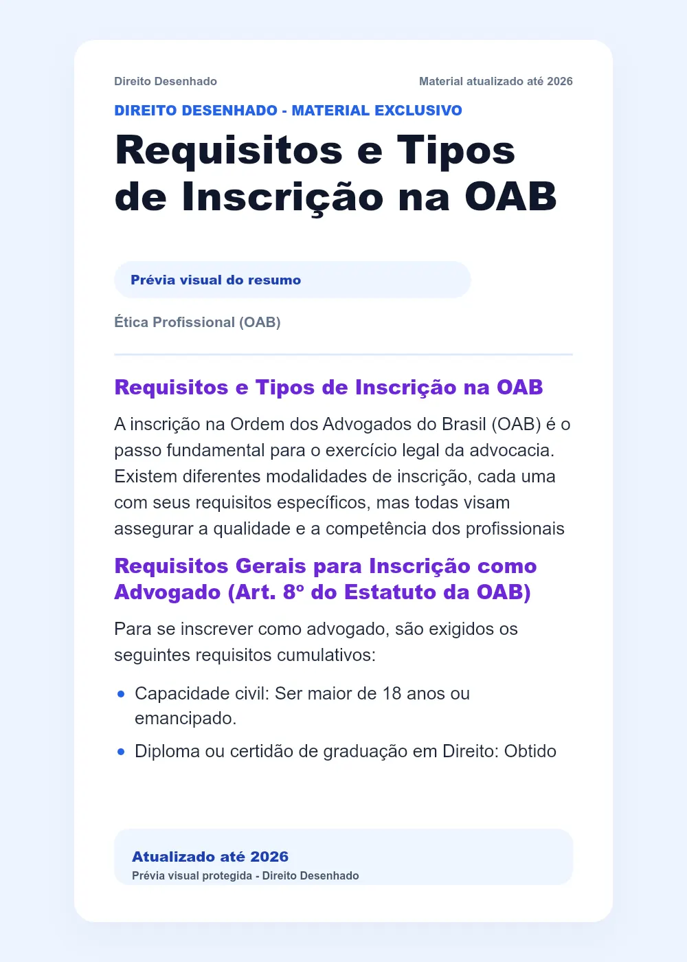 Resumos de Ética - OAB: Requisitos e Tipos de Inscrição na OAB