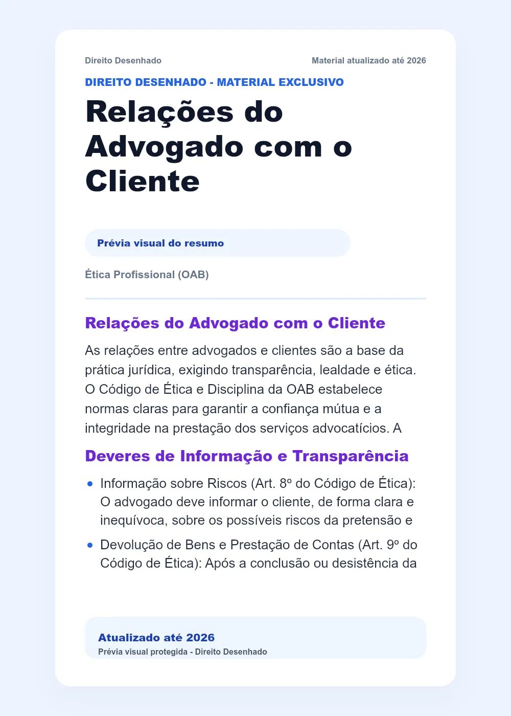 Resumos de Ética - OAB: Relações do Advogado com o Cliente