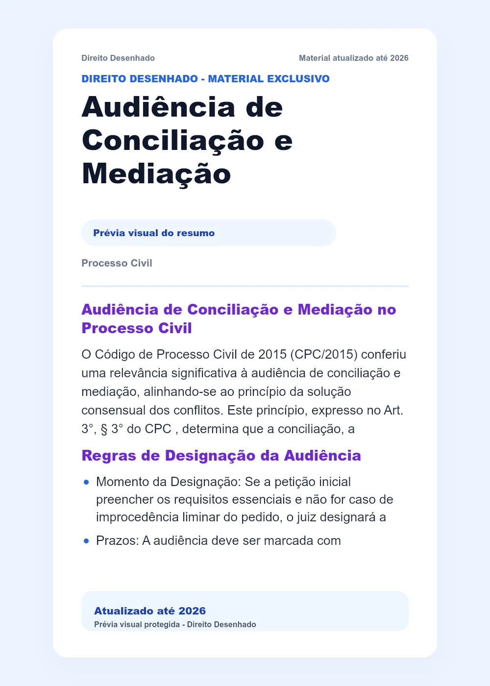 Resumos de Processo Civil: Audiência de Conciliação e Mediação